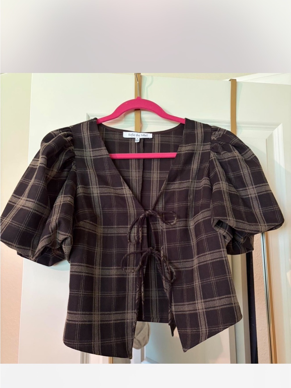 Sofie the Label brown plaid top with front bow tie detail